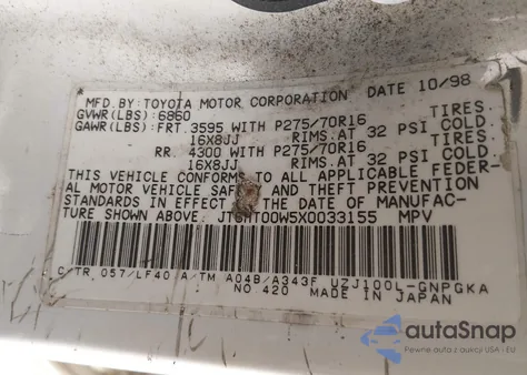 1999 Lexus Lx 470 z USA, uszkodzony, nr VIN JT6HT00W5X0033155